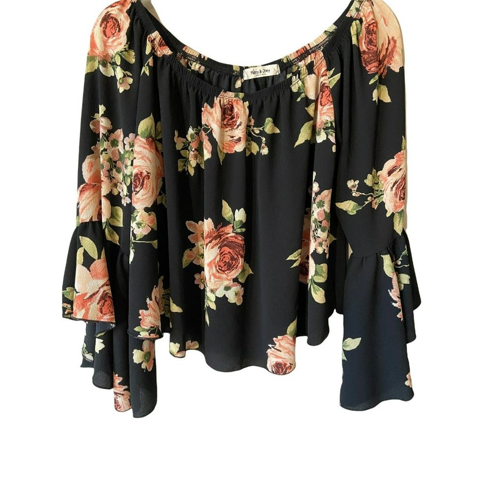 Mikey & Joey floral off the shoulder baby doll top with bell sleeves and elastic